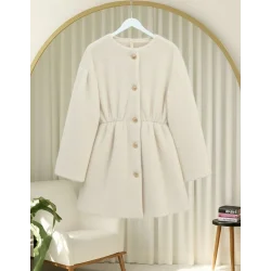 İçi Astarlı Beli Büzgülü Kürklü Ceket  -Krem