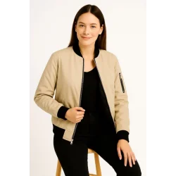 Içi Astarlı Fermuarlı Bomber Mont Ceket - Bej