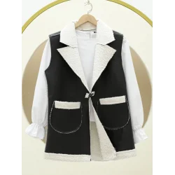 İçi Kuzu Peluş Çift Cepli Yelek   -Ekru