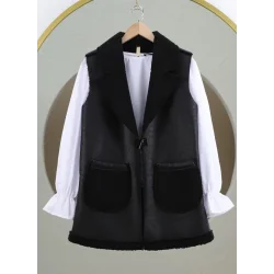 İçi Kuzu Peluş Çift Cepli Yelek -Siyah