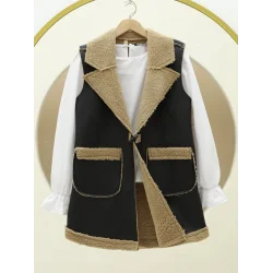 İçi Kuzu Peluş Çift Cepli Yelek  -Vizon