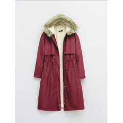 İçi Peluşlu Sabit Kapşonlu Tünel Bağcıklı Uzun Mont  -Bordo