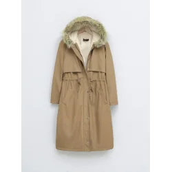 İçi Peluşlu Sabit Kapşonlu Tünel Bağcıklı Uzun Mont -Vizon