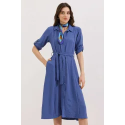 İndigo Kuşaklı Gömlek Elbise 2442