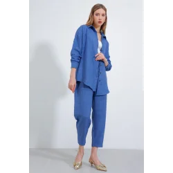İndigo Oversize Keten Alt Üst Takım 6622