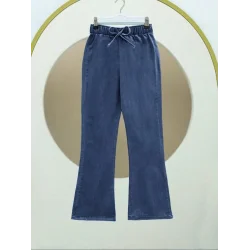 İspanyol Paça Bağcık Detaylı Kot Pantolon    -Koyu Mavi