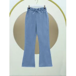 İspanyol Paça Bağcık Detaylı Kot Pantolon -Mavi