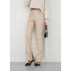 İspanyol yırtmaçlı paça deri pantolon bej hn