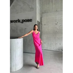 JAKARLI ASKILI SATEN ELBİSE ASİMETRİK - Pembe