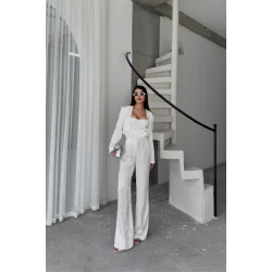 JAKARLI BLUZU TASARIM DETAYLI CEKET-PANTOLON-BLUZ 3 LÜ TAKIM - Beyaz