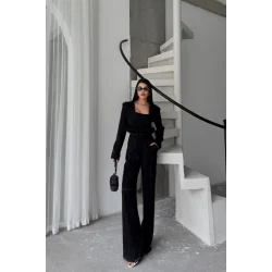 JAKARLI BLUZU TASARIM DETAYLI CEKET-PANTOLON-BLUZ 3 LÜ TAKIM - Siyah