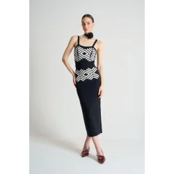 Jakarlı İnce AskılıTriko Takım - Siyah-Beyaz Kayısı