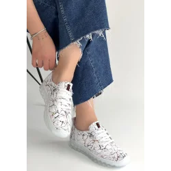 Jiten Beyaz Desenli Deri Bağcıklı Spor Ayakkabı