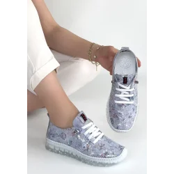 Jiten Lila Desenli Deri Bağcıklı Spor Ayakkabı