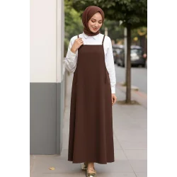 Kadın Acı Kahverengi Basic Ayarlanabilir Askılı Jile Elbise