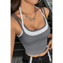 Kadın Antrasit Gri Beyaz Çift Renk Çapraz Askılı Crop Top Bluz – Şık, Rahat ve Kolay Kombinlenebilir