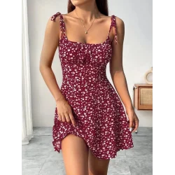 Kadın Askılı Büzgü Detaylı Kare Yaka çiçek Desenli Mini Süprem Elbise