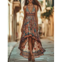 Kadın Askılı Derin Göğüs Detaylı Asimetrik Detaylı Süprem Elbise