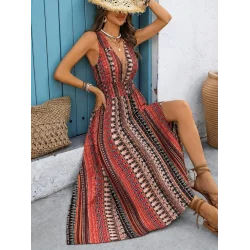 Kadın Askılı Derin V Göğüs Dekolteli Desenli Uzun Süprem Elbise