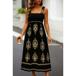 Kadın Askılı Kare Yaka Gipe Detaylı Desenli Suprem Elbise