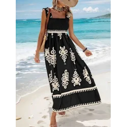 Kadın Askılı Kare Yaka Gipe Detaylı Desenli Suprem Elbise