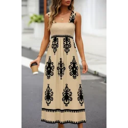 Kadın Askılı Kare Yaka Gipe Detaylı Desenli Suprem Elbise