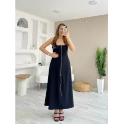 Kadın Askılı Kare Yaka önden Fermuarlı Geniş Kesim Janjan Krep Elbise