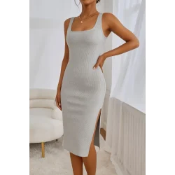 Kadın Askılı Kare Yaka Yandan Yırtmaçlı Midi Kaşkorse Elbise