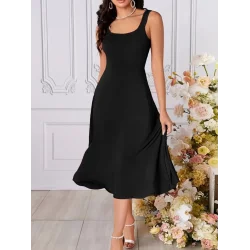 Kadın Askılı Kare Yaka Yırtmaçlı Midi Janjan Krep Elbise