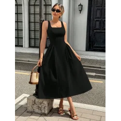 Kadın Askılı Kare Yakalı Uzun Ithal Krep Elbise