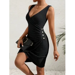 Kadın Askılı Kruvaze Yakalı Yandan Düğmeli önden Asimetrik Kesim Detaylı Kalın Fitilli Kaşkorse Elbise