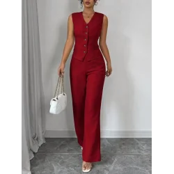 Kadın Askılı önden Düğmeli Bluz Ve Pantolon Keten Ikili Takım