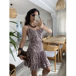 Kadın Askılı V Yaka Beli Pileli Leopar Desen Eteği Fırfırlı Süprem Elbise