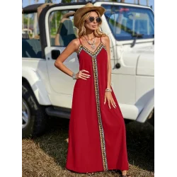 Kadın Askılı V Yakalı Etnik şerit Detaylı Uzun Viskon Elbise