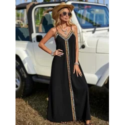 Kadın Askılı V Yakalı Etnik şerit Detaylı Uzun Viskon Elbise