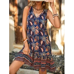 Kadın Askılı V Yakalı Fırfırlı Desenli Süprem Kısa Elbise