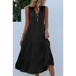 Kadın Askılı V Yakalı önden Düğmeli Midi Viskon Elbise