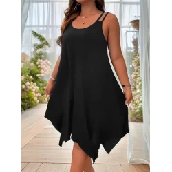 Kadın Askılı Yuvarlak Asimetrik Kesim Detaylı Viskon Elbise