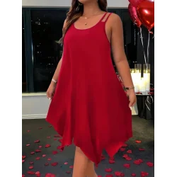 Kadın Askılı Yuvarlak Asimetrik Kesim Detaylı Viskon Elbise