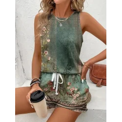 Kadın Askılı Yuvarlak Yaka çiçek Baskılı Süprme Bluz Ve Short Ikili Takım