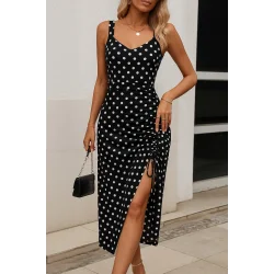 Kadın Askılı Yuvarlak Yaka Kalp Yaka Yandan Büzgülü Yırtmaç Detaylı Puantiyeli örme Krep Elbise