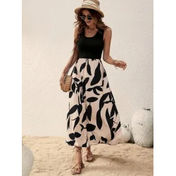 Kadın Askılı Yuvarlak Yaka üst Viskon Alt Desenli Uzun Süprem Elbise