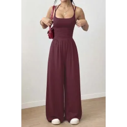 Kadın Askılı Yuvarlak Yaka Uzun Viskon Tulum