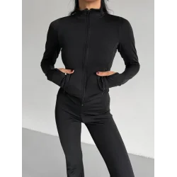 Kadın Balıkçı Yaka Cep Detaylı Ceket Ve Ispanyol Paça Spor Ikili Takım