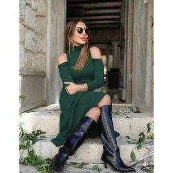 Kadın Balıkçı Yaka Omuzlardan Açık Uzun Kollu Janjan Krep Elbise