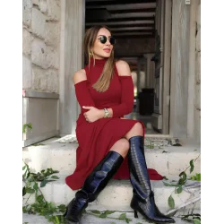 Kadın Balıkçı Yaka Omuzlardan Açık Uzun Kollu Janjan Krep Elbise