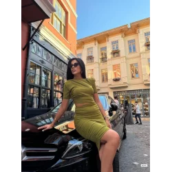 Kadın Bel Dekolteli Yanı Büzgü Detay Dalgıç Krep Kumaş Mini Elbise