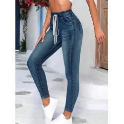 Kadın Belden Bağlamalı Cepli Yüksek Bel Kot Pantolon