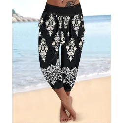 Kadın Beli Lastikli Etnik Desenli Kapri Süprem Pantolon