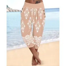 Kadın Beli Lastikli Etnik Desenli Kapri Süprem Pantolon